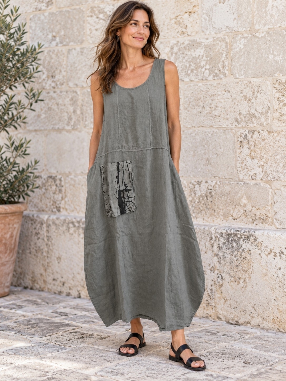 BOBORE Linen Dress Women L/XLSleeveless Olive Linen Maxi Dress with Patch Pocket